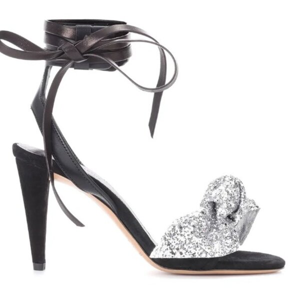 Isabel Marant Black Akynn Leather Heel Sandals Silver Glitter Bow EU 37 - Picture 1 of 13
